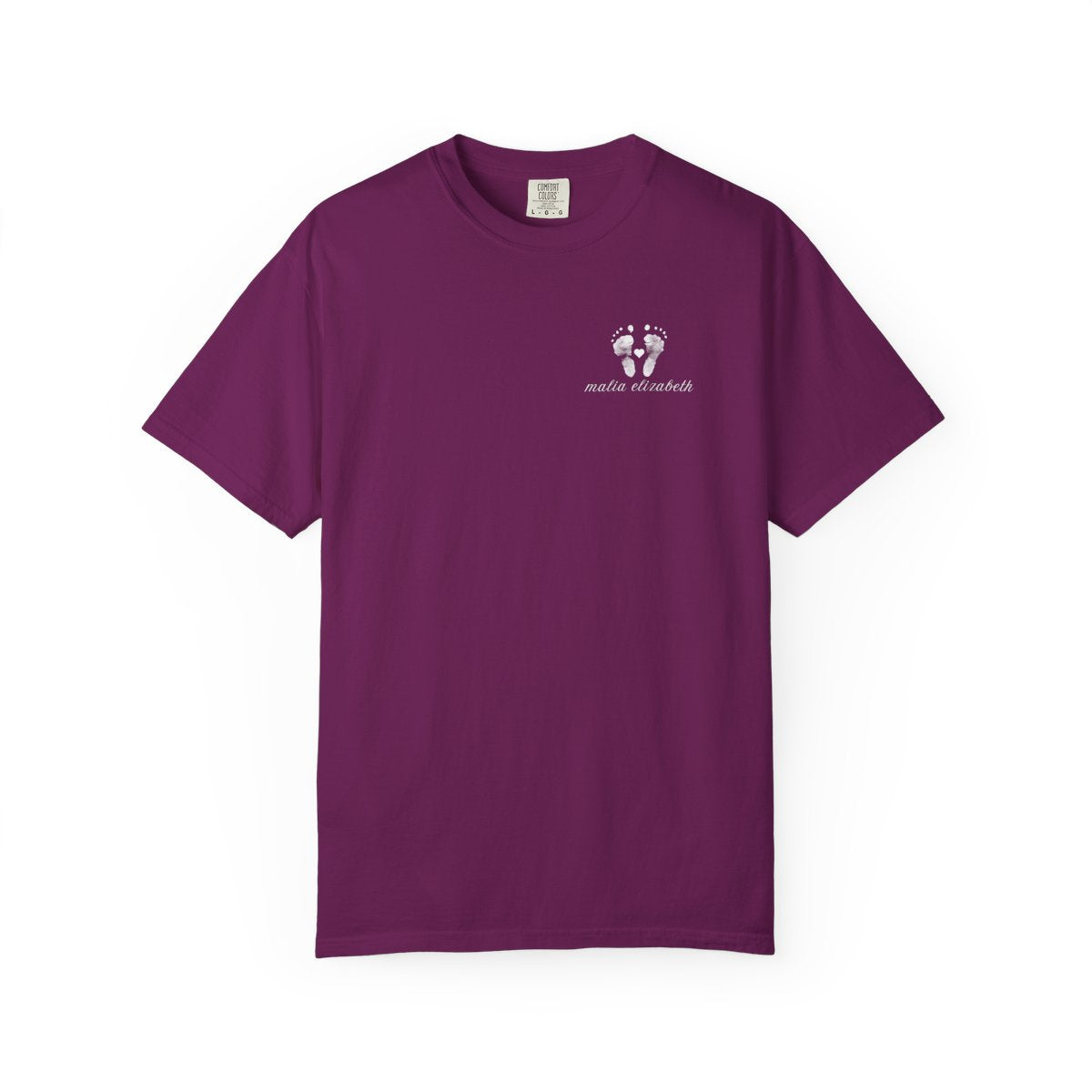 boysenberry t-shirt with a small baby footprint logo