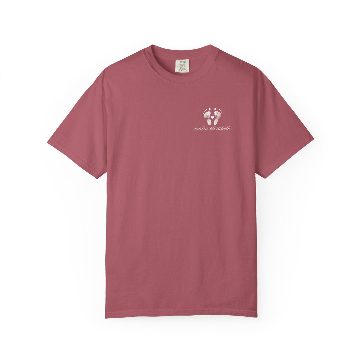 Crimson t-shirt with a small baby footprint logo