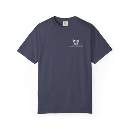 Denim t-shirt with a small baby footprint logo