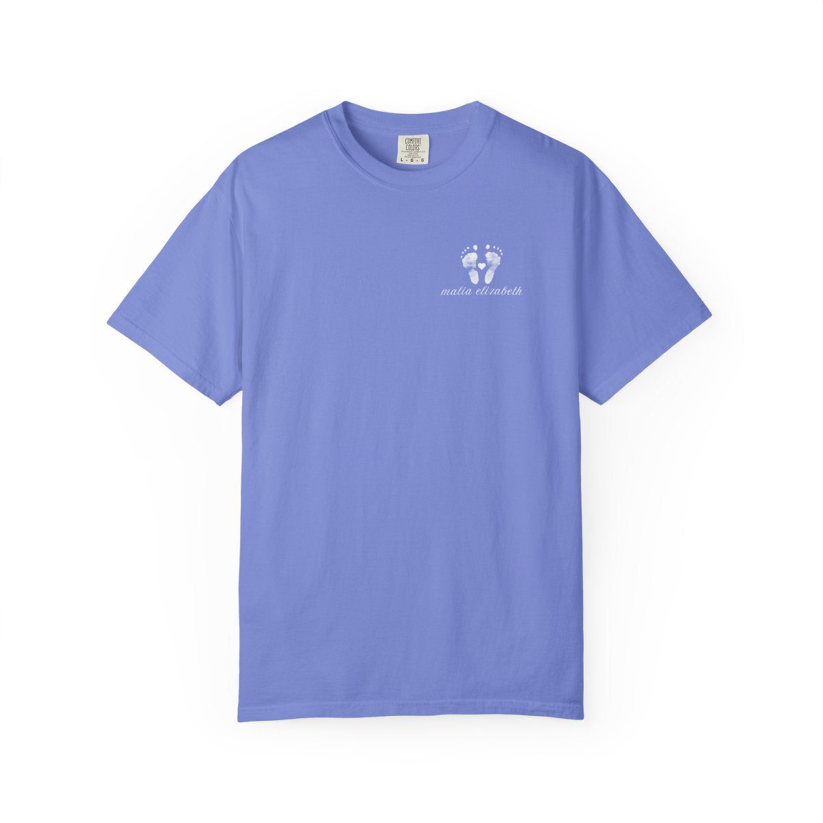 Flo blue t-shirt with a small baby footprint logo