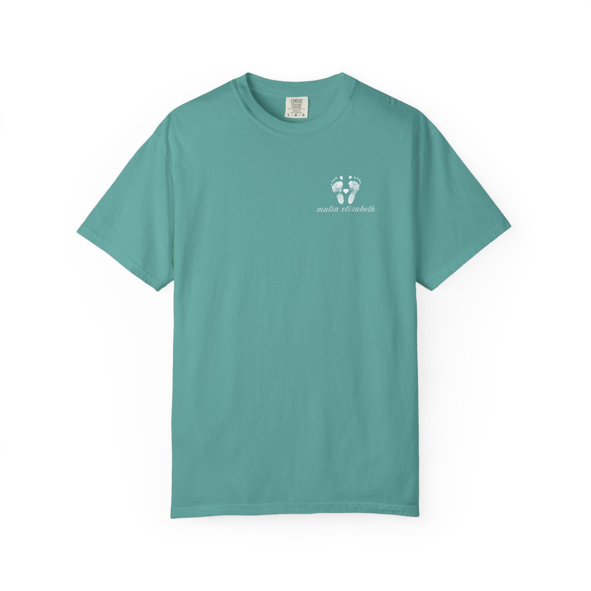 Seafoam t-shirt with a small baby footprint logo