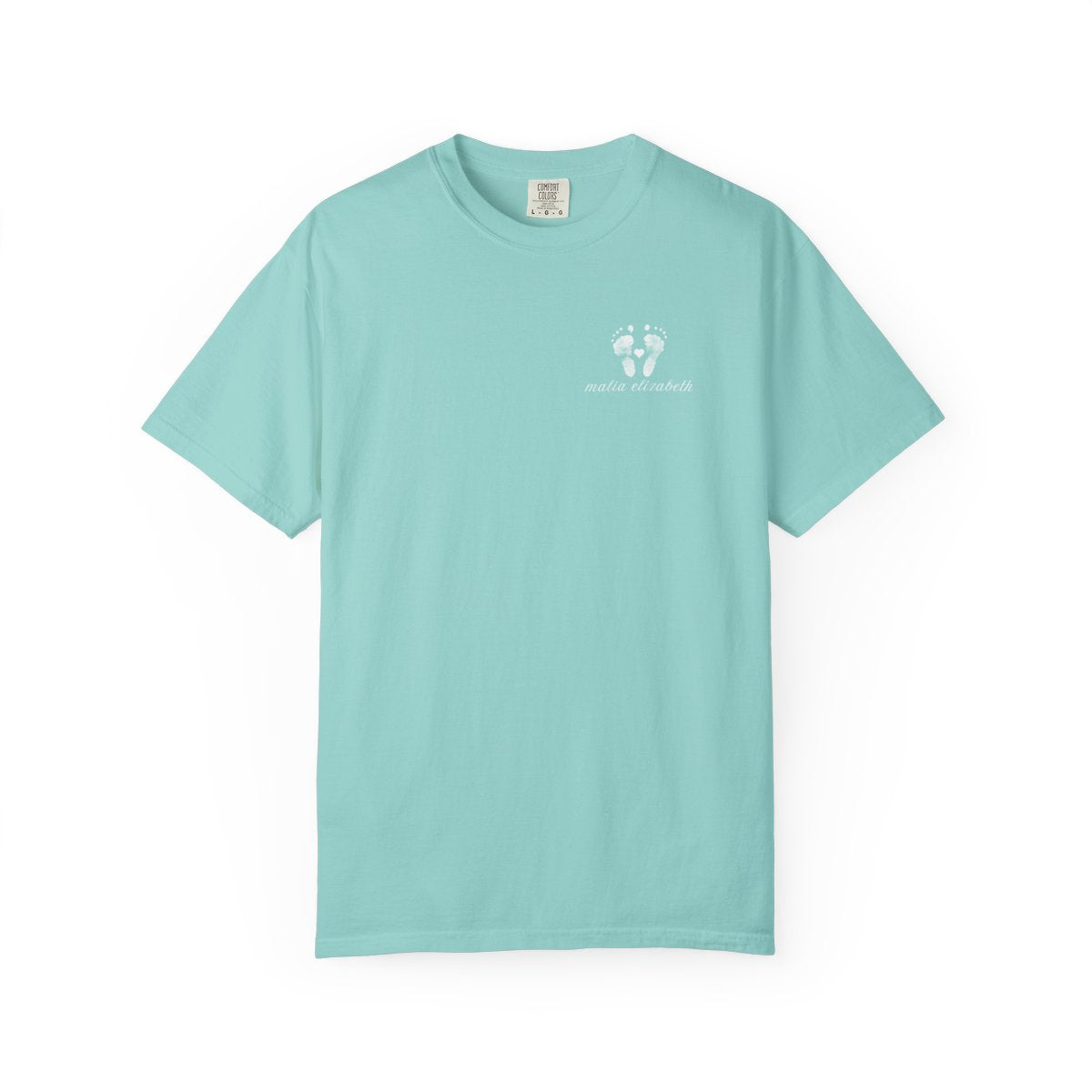 Teal t-shirt with a small baby footprint logo