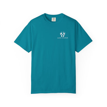 Topaz blue t-shirt with a small baby footprint logo